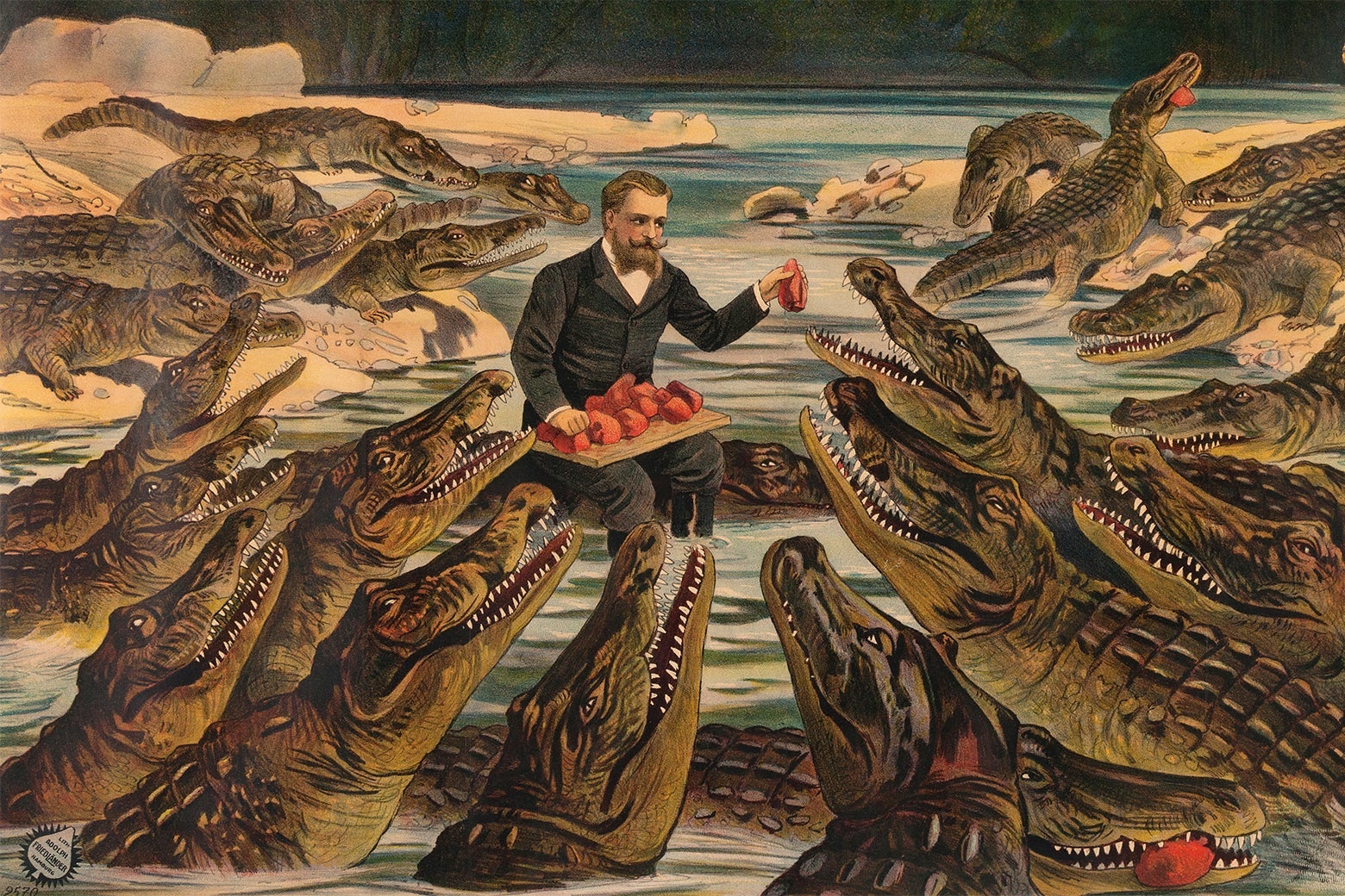 A 1902 lithograph depicting M. Pernelet sitting in water surrounded by crocodiles.