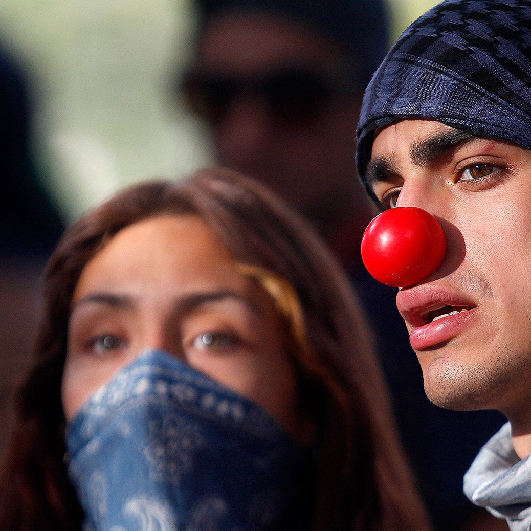 A Chilean protester wearing a clown nose on Tuesday in Santiago.