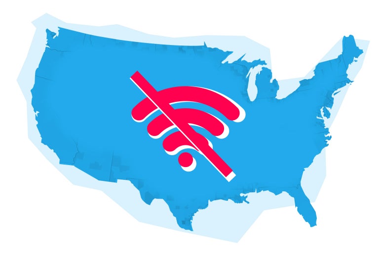 Illustration: A U.S. map with the no Wi-Fi symbol superimposed.