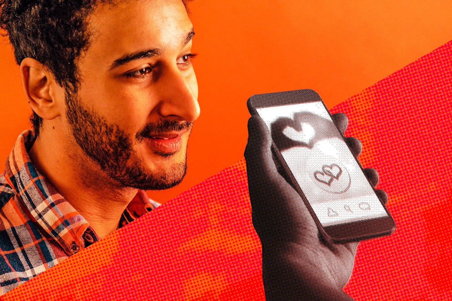 Aymann Ismail and a hand holding a phone with a dating app on the screen.