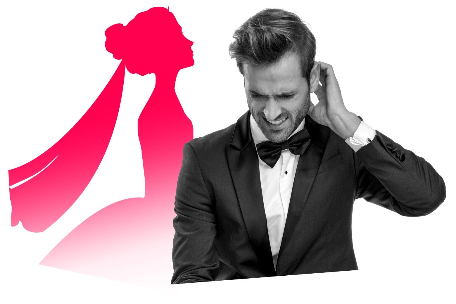 Man in tux looks uncomfortable with an illustrated silhouette of a bride behind him.
