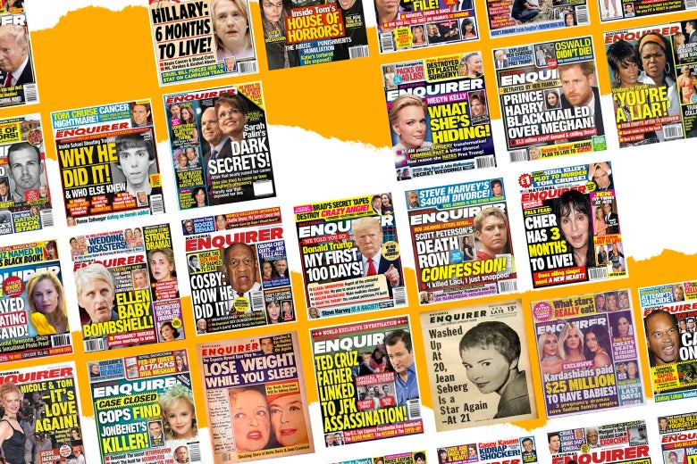 An array of National Enquirer covers.