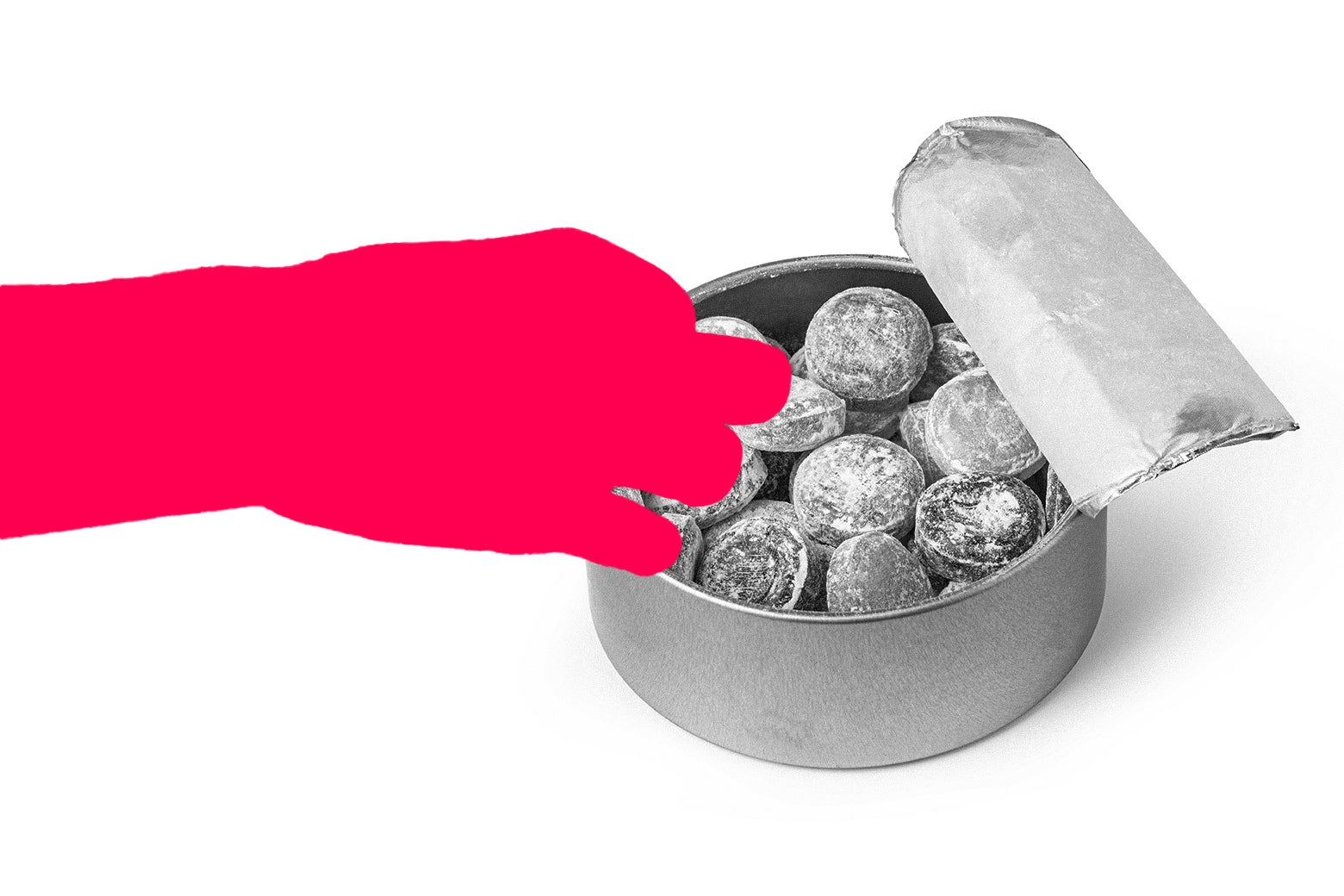 Person reaching for a tin of candies.