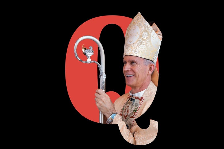 The letter Q, with a photo of Strickland imposed over it.