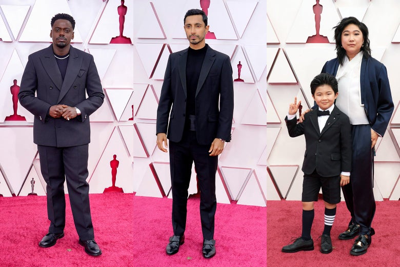 Daniel Kaluuya, Riz Ahmed, Alan Kim and Christina Oh pose on the red carpet.
