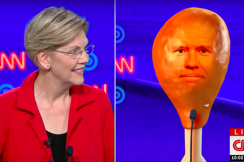 Elizabeth Warren at a debate and John Delaney as a turkey leg.