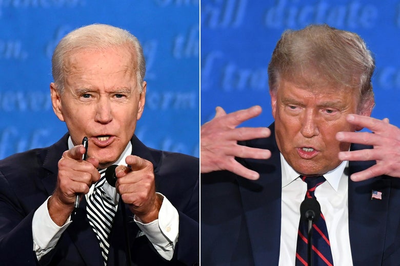 Side-by-side photos of Biden and Trump gesturing and shouting.