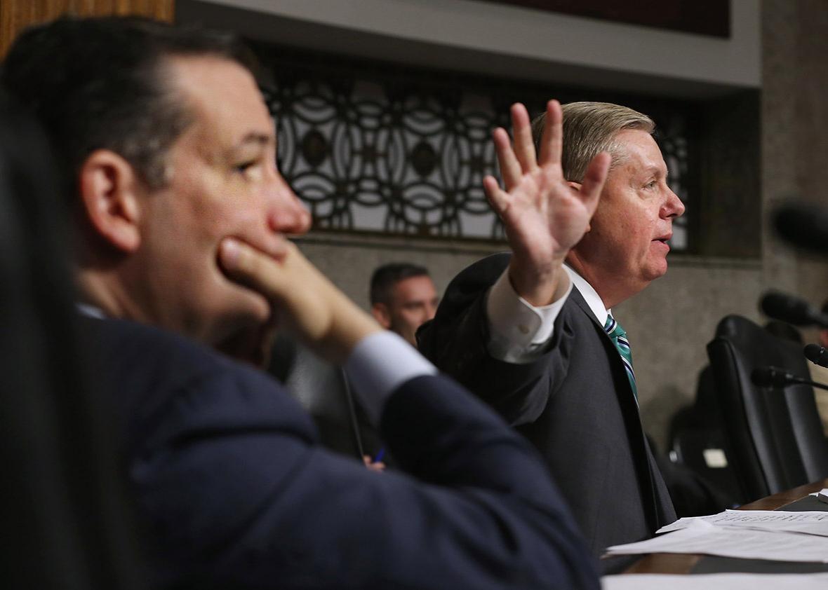 Sens. Ted Cruz and Lindsey Graham question witnesses during a hearing about the Iran nuclear deal on July 29, 2015, in Washington, D.C.