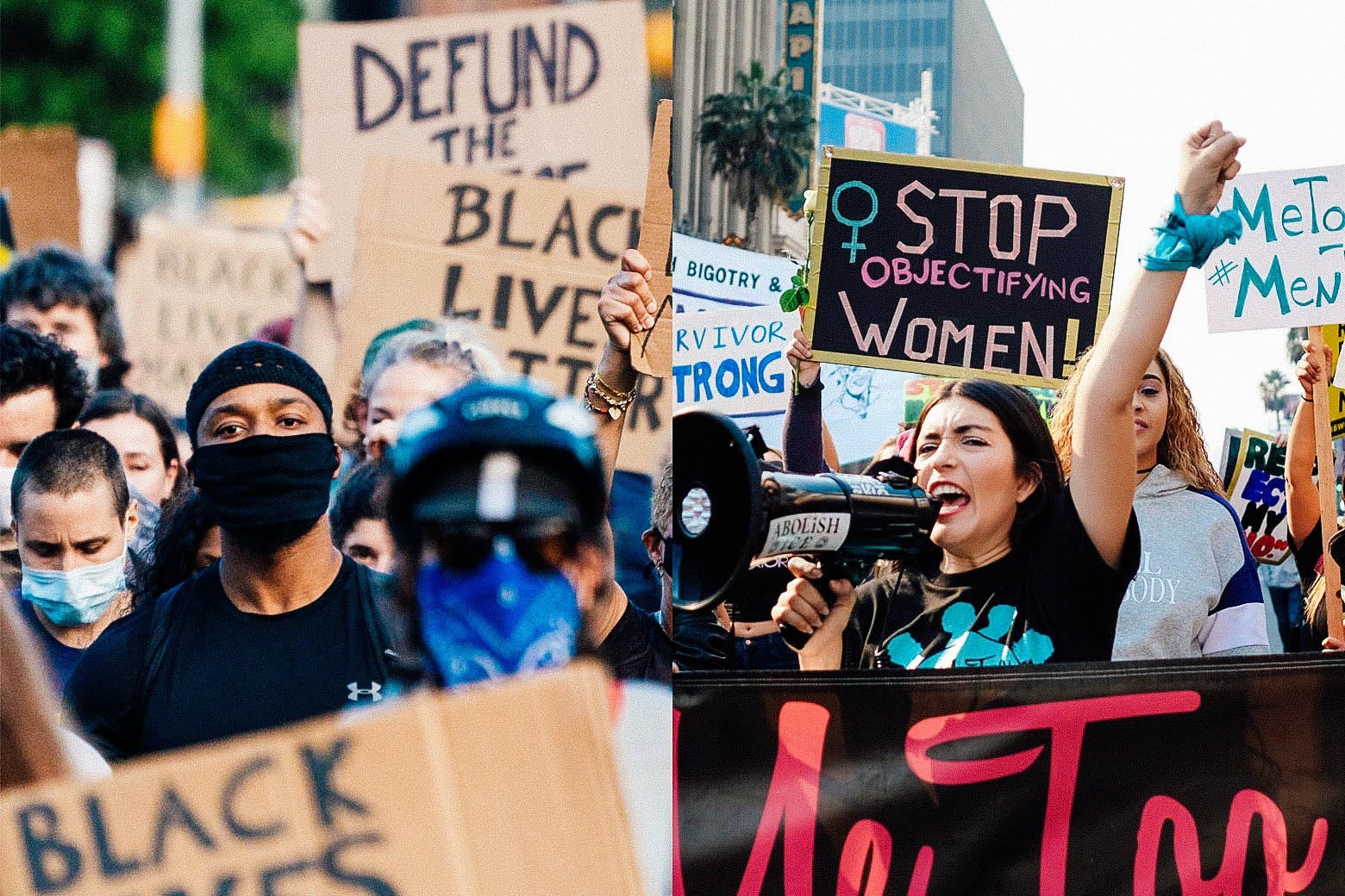 Left: Black Lives Matter protesters. Right: Me Too protesters.