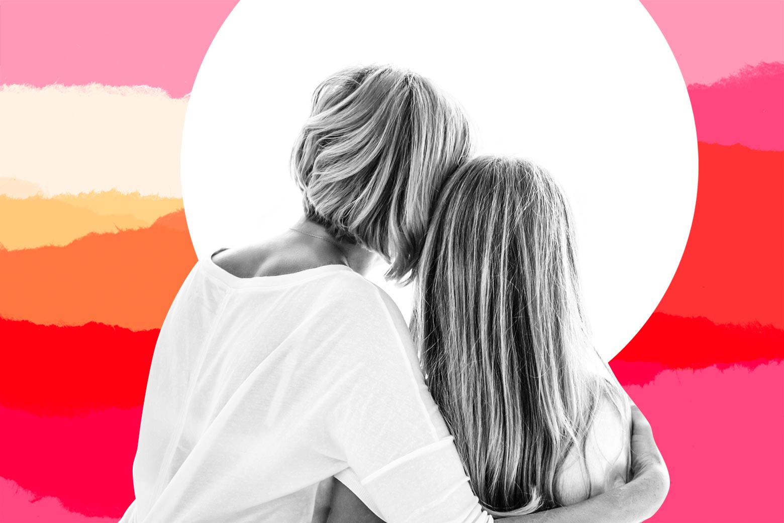 A photo illustration of a mother and daughter hugging while staring into the distance.