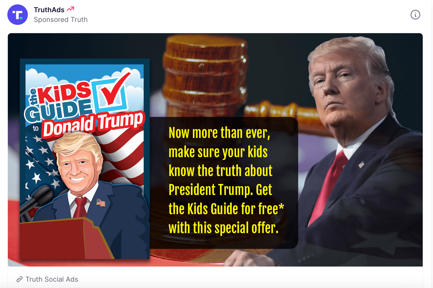 A Truth Social sponsored post advertising a book titled The Kids Guide to Donald Trump