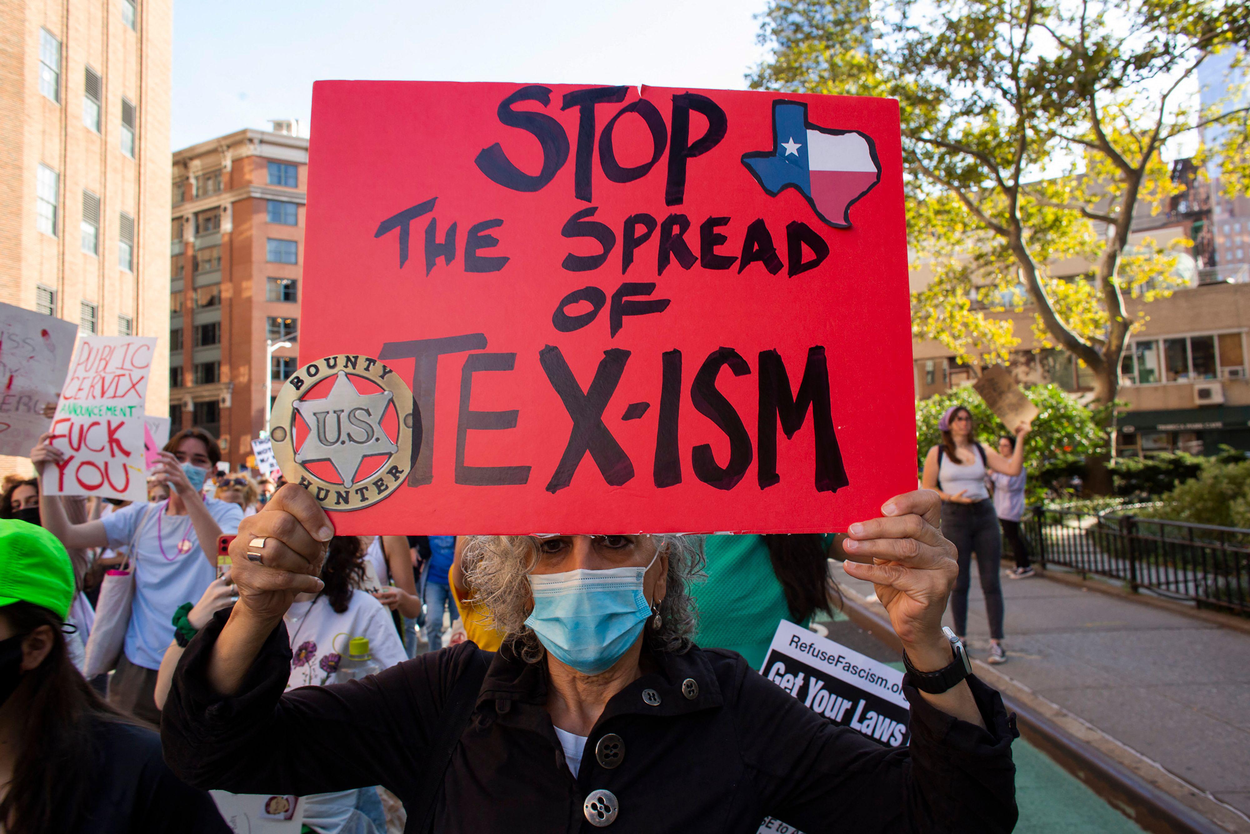Protesters take part in the Women's March and Rally for Abortion Justice in New York, on October 2, 2021.