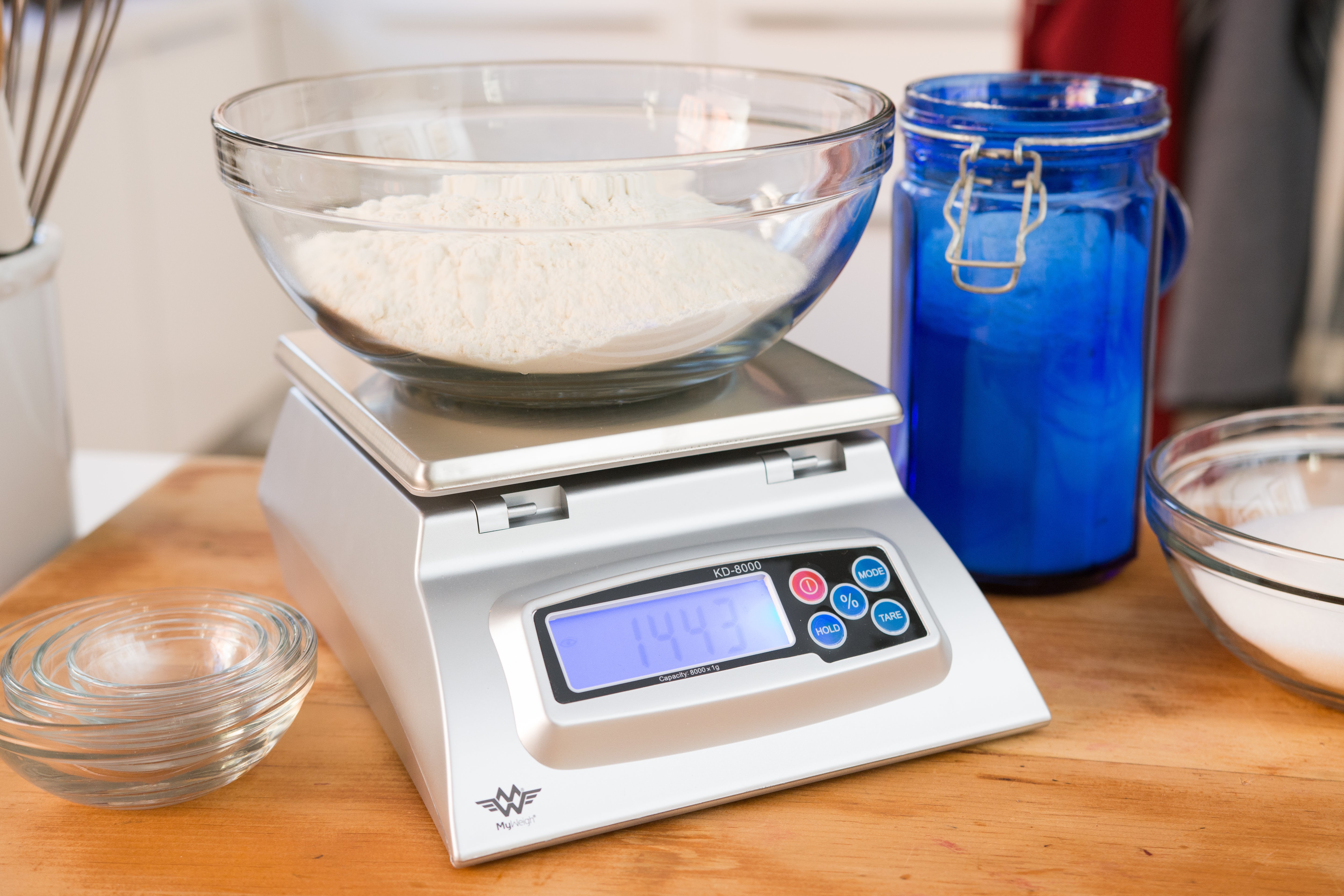 Bowl of flour on the kitchen scale.