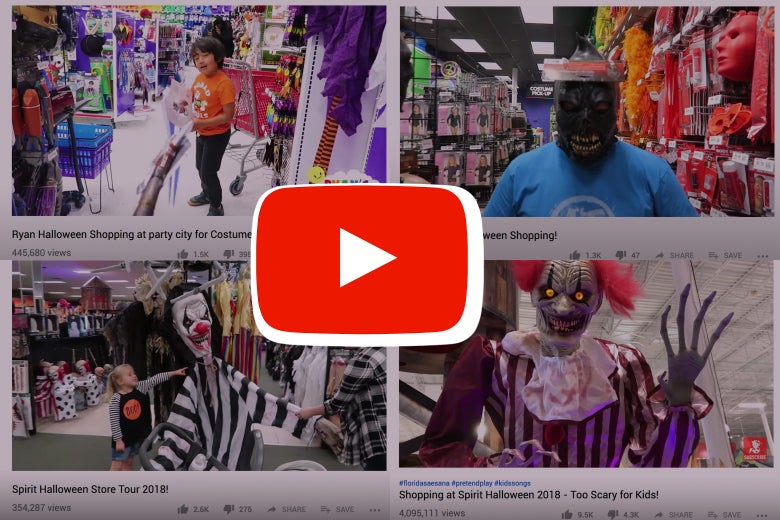 Stills from YouTube videos of kids at Halloween stores, with YouTube "play" logo overlaying images.