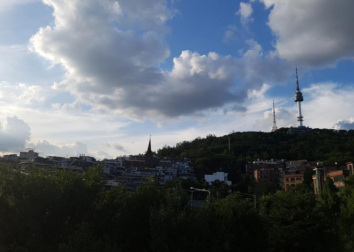 Seoul Tower on Namsan and the neighborhood of Haebangchon below.