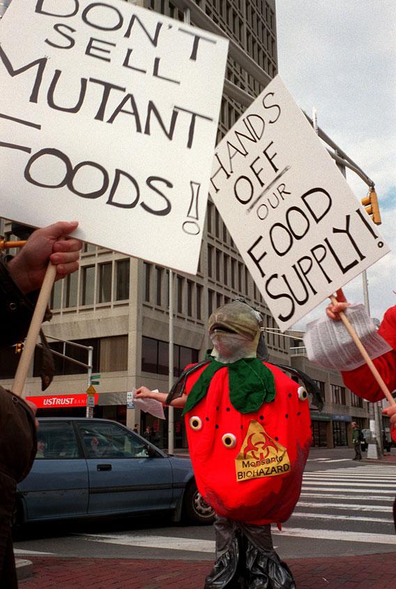Protesters gather at Central Square in Cambridge, Mass., to protest over genetically modified organisms and the consequences