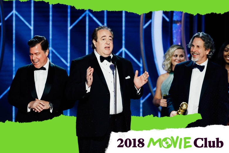 Brian Currie, Nick Vallelonga, and Peter Farrelly onstage at the Golden Globes.