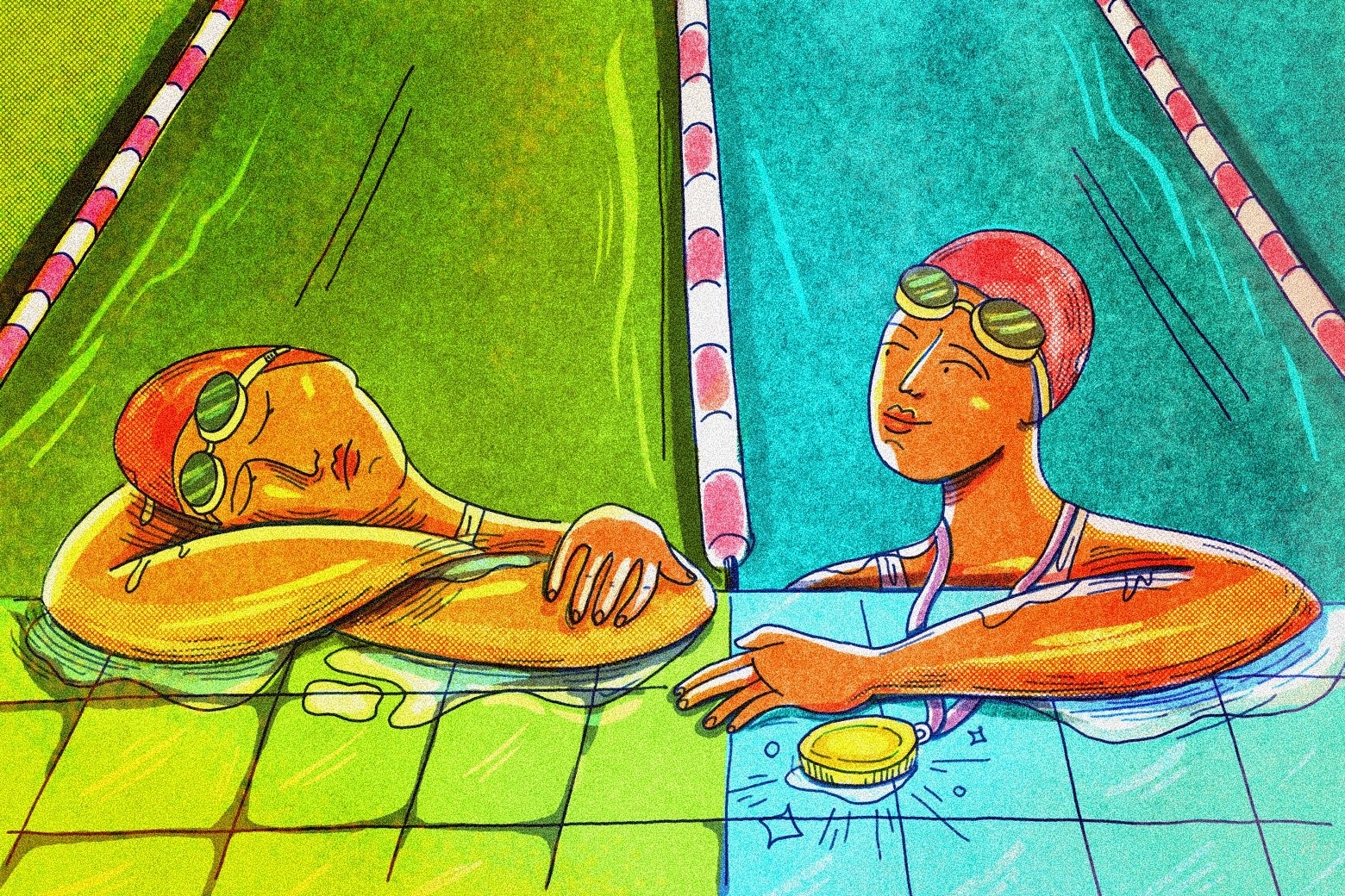 A bright illustration of two swimmers in the pool, one leaning tiredly on the side and the other comforting her and smiling. 