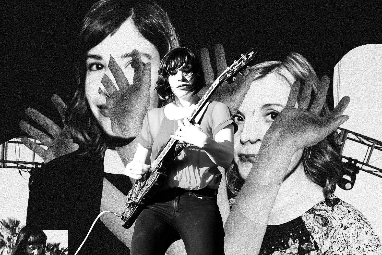 Collage featuring Carrie Brownstein and Corin Tucker of Sleater-Kinney