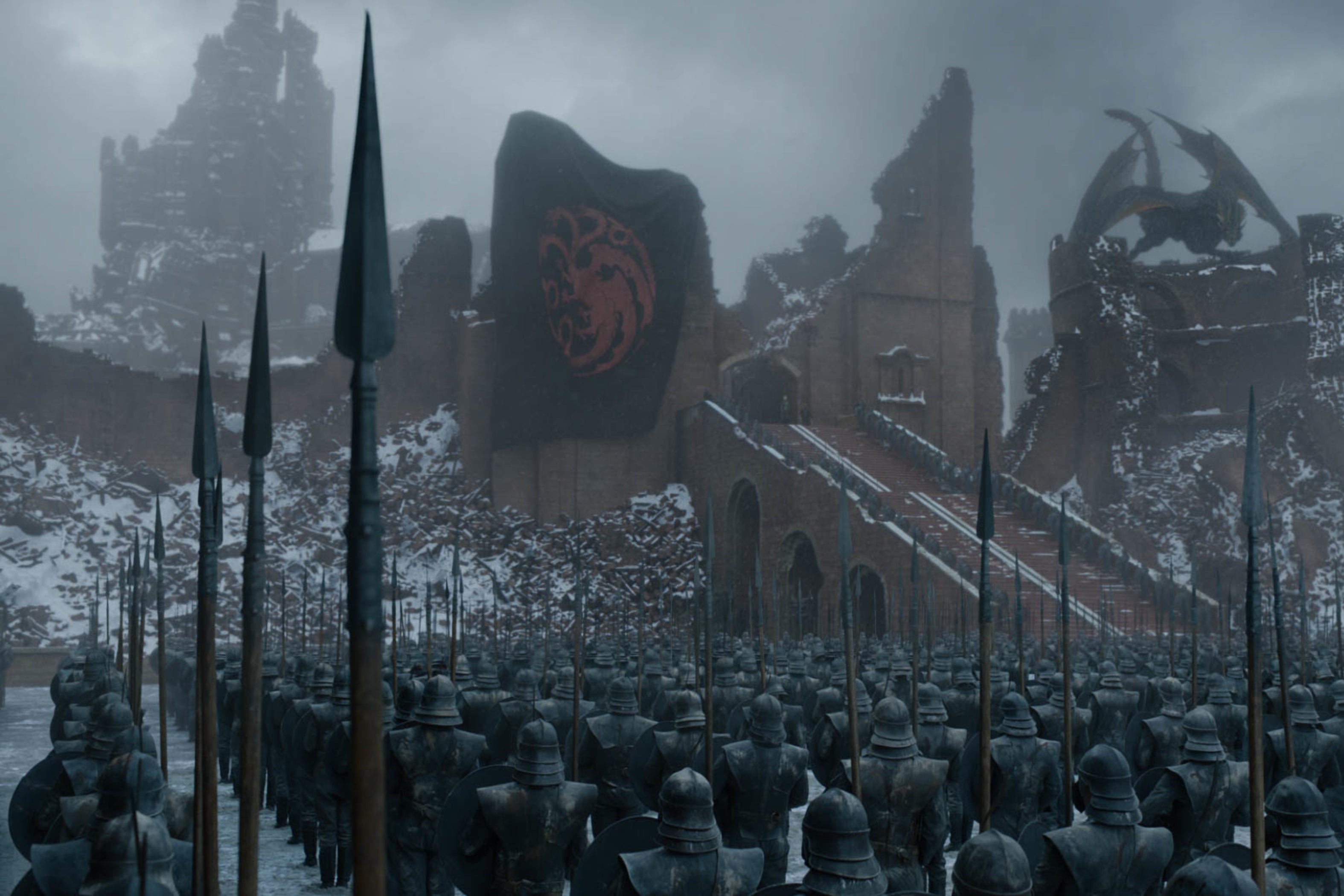 Daenerys greats her armies as her dragon looks on, in a sequence straight out of Triumph of the Will