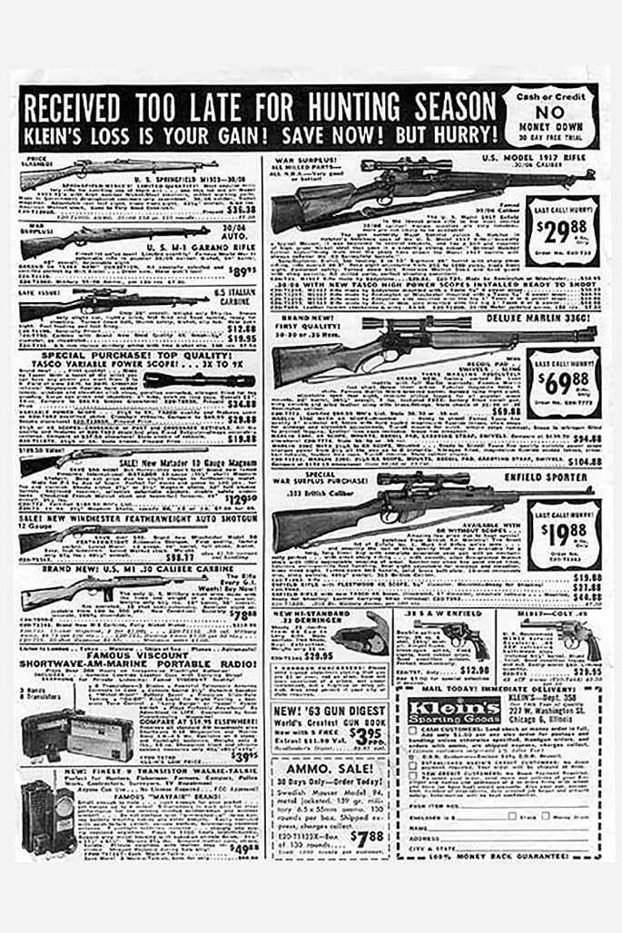 A black-and-white newspaper ad displays about 12 different rifles for sale, some priced as low as $20. 