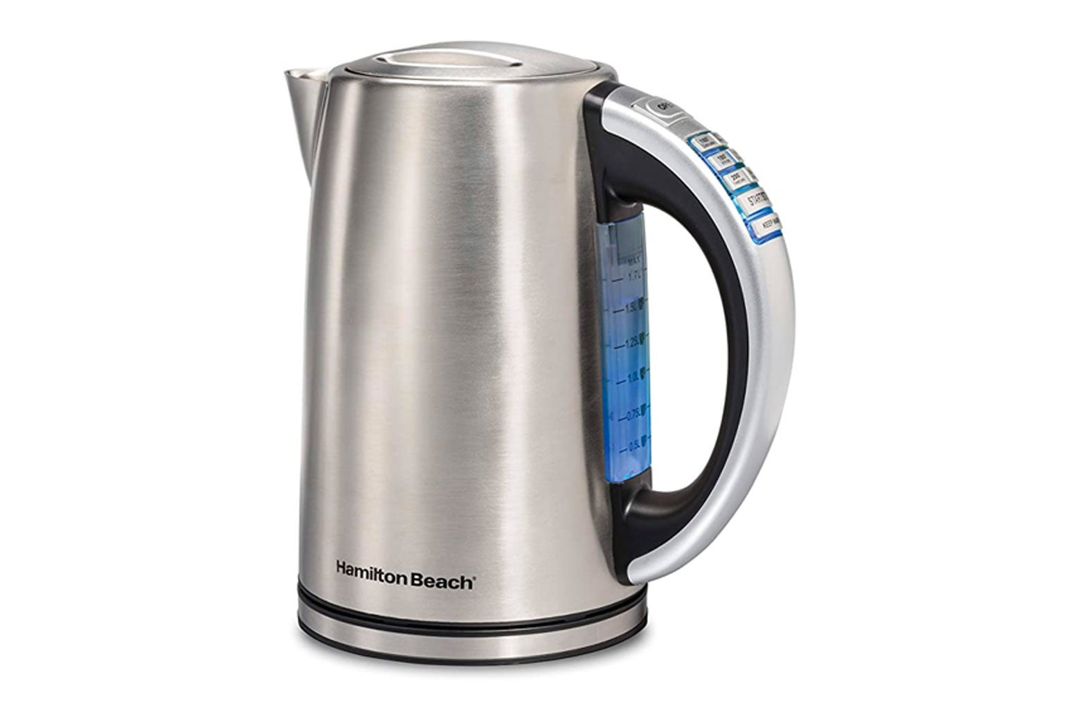 A silver electric kettle with buttons on the spout.