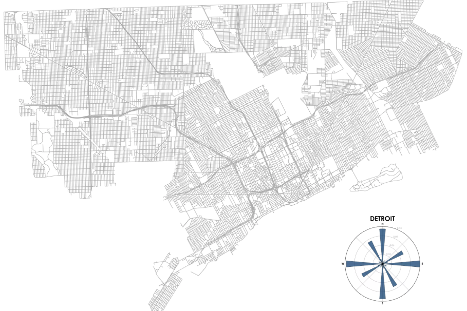 A map of Detroit alongside a histogram of street orientation.
