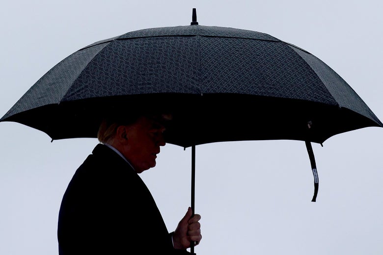 Donald Trump stands under an umbrella he's holding