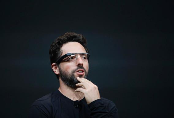 Sergey Brin, co-founder of Google appear at the keynote with the Google Glass to introduce the Google Class Explorer edition during Google's annual developer conference, Google I/O, on June 27, 2012 in San Francisco.