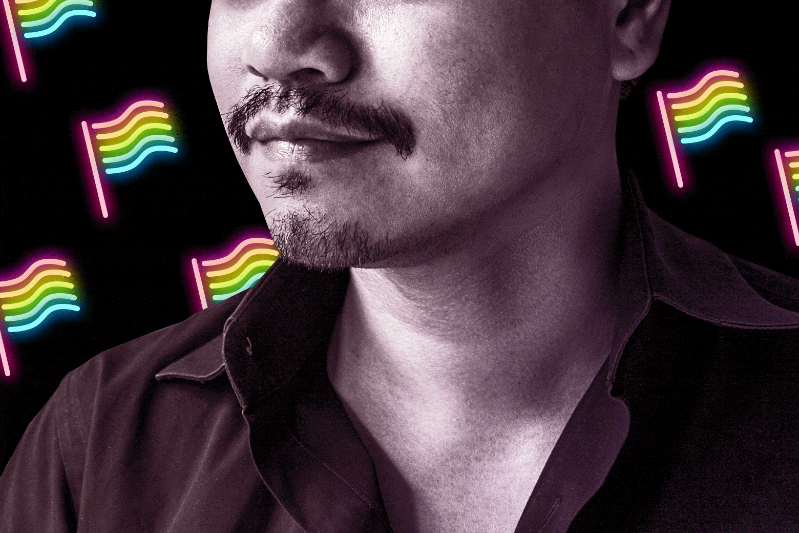 Photo illustration of a mustachioed man in his 40s in front of some neon rainbow flags.