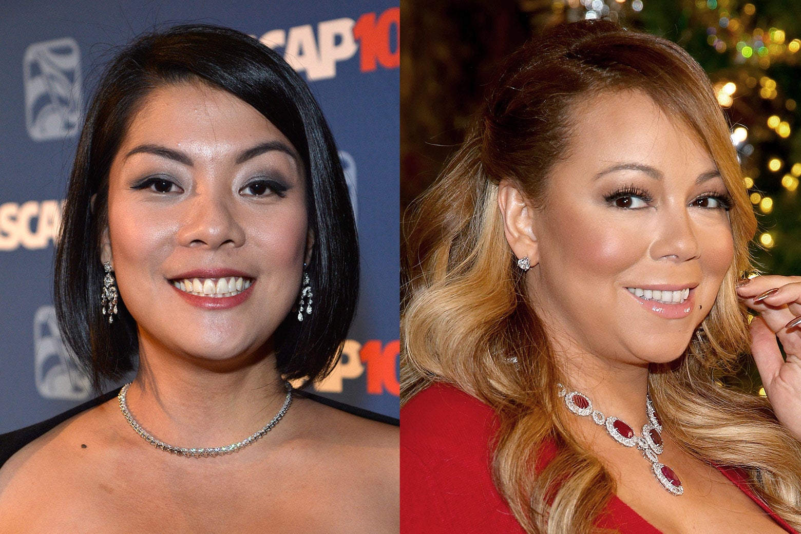 Elizabeth Chan wears earrings and has a blunt bob on the left, while Mariah Carey wears a red necklace and top on the right.