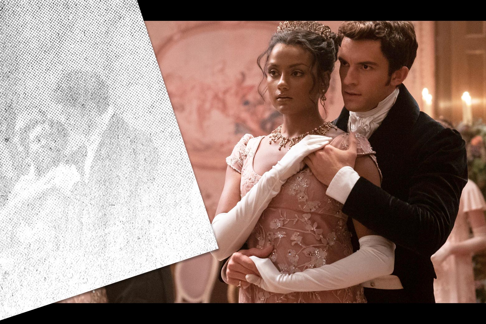 Jonathan Bailey stands behind Simone Ashley as they dance in a ballroom.