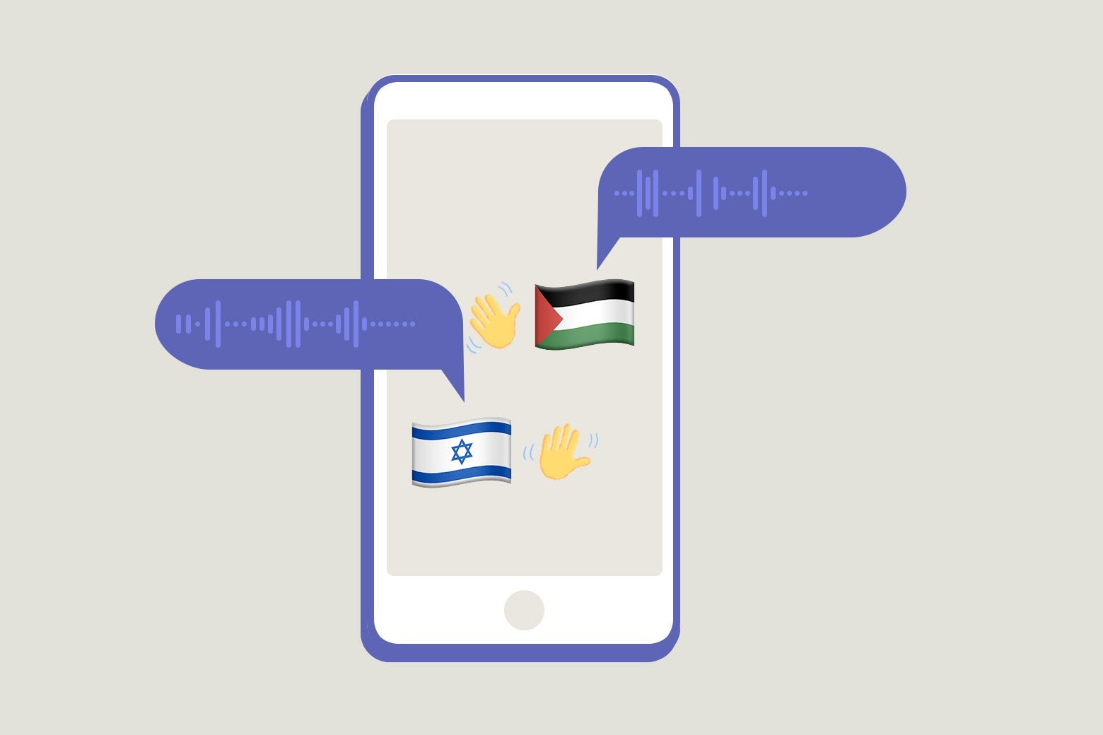 A smartphone with a two waving-hand emojis next to an Israeli and Palestinian flag, with audio bubbles next to them.