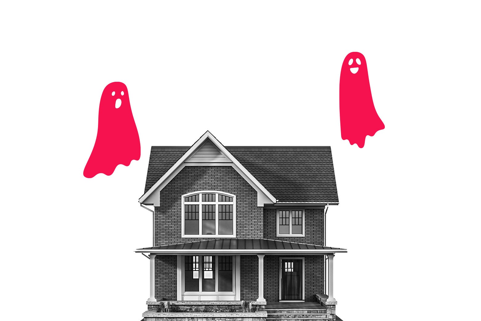 A two-story house with two ghosts floating next to it.