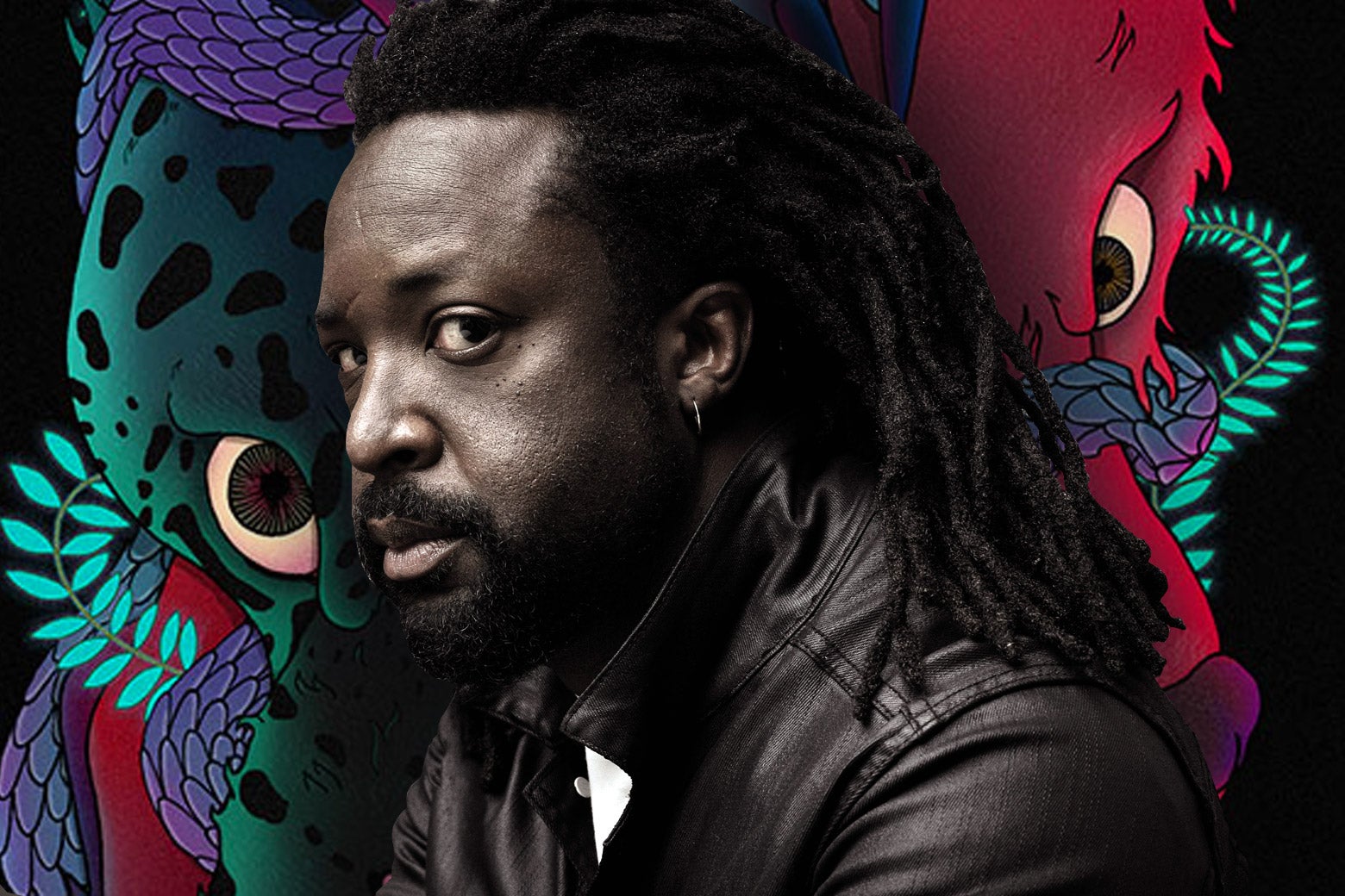 Marlon James against a backdrop reminiscent of his book cover.