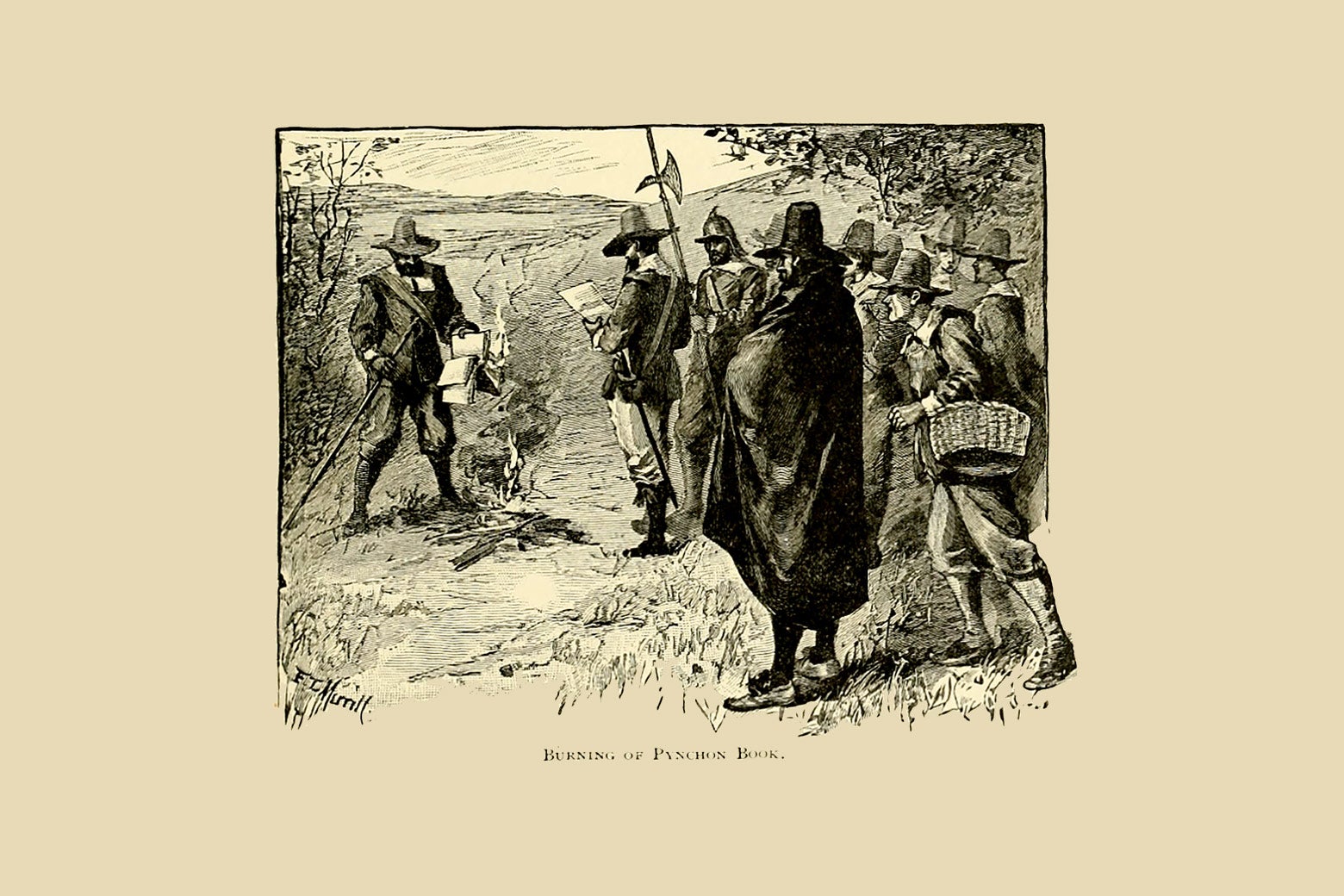 A drawing of Puritans gathering around a book-burning