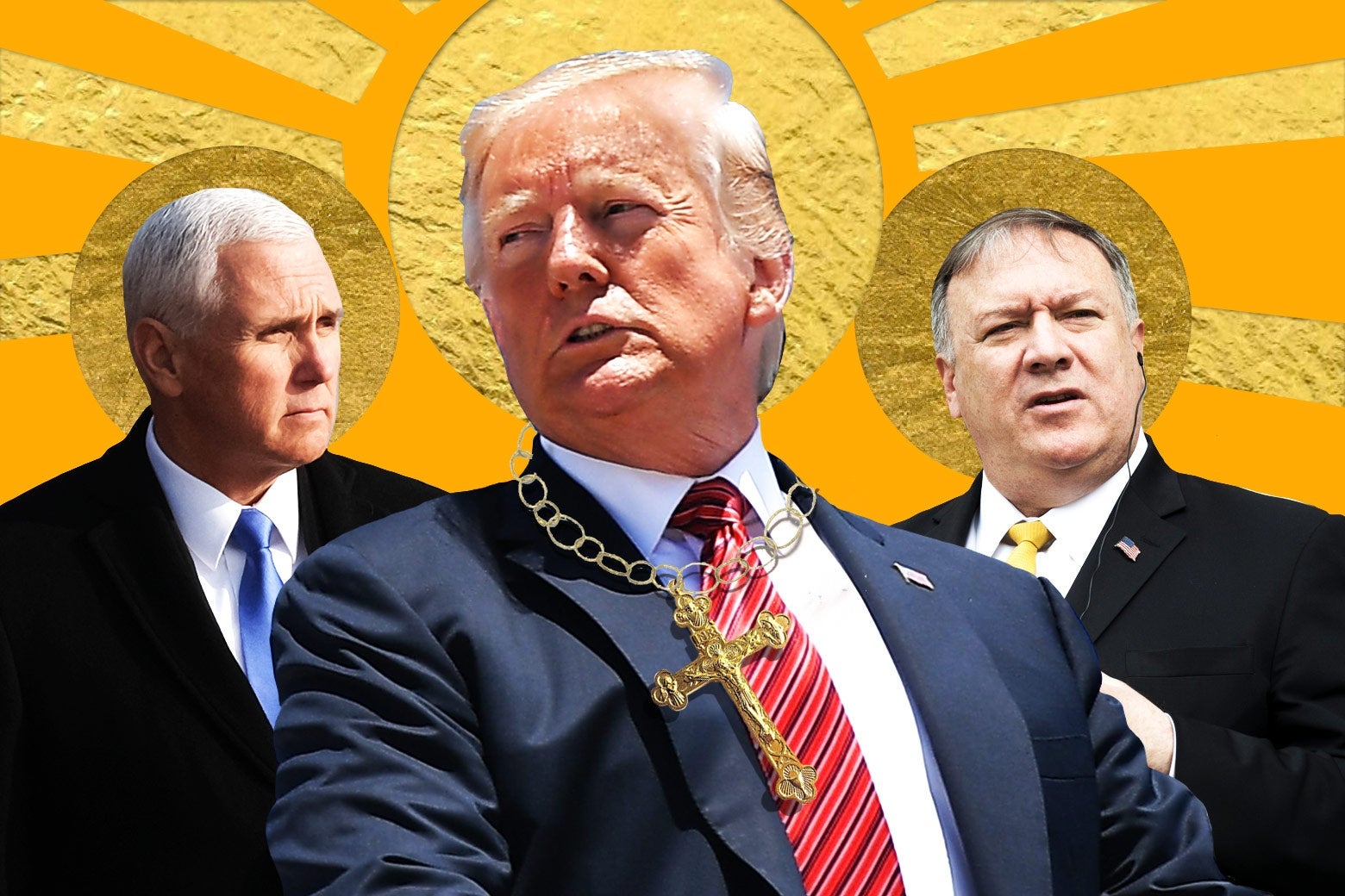Mike Pence, Donald Trump, and Mike Pompeo, depicted as if in a religious painting.