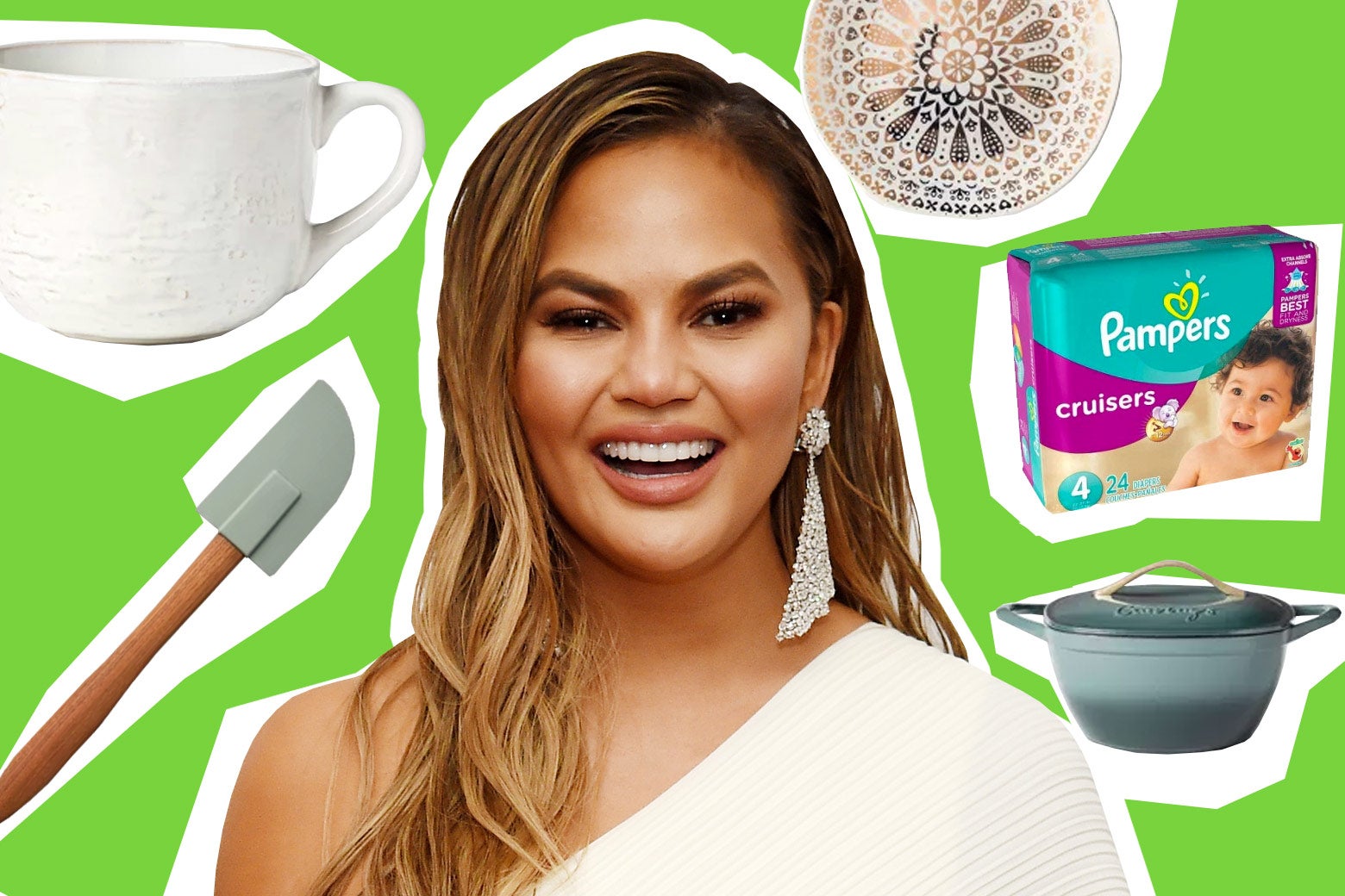 Chrissy Teigen, surrounded by products she endorses.