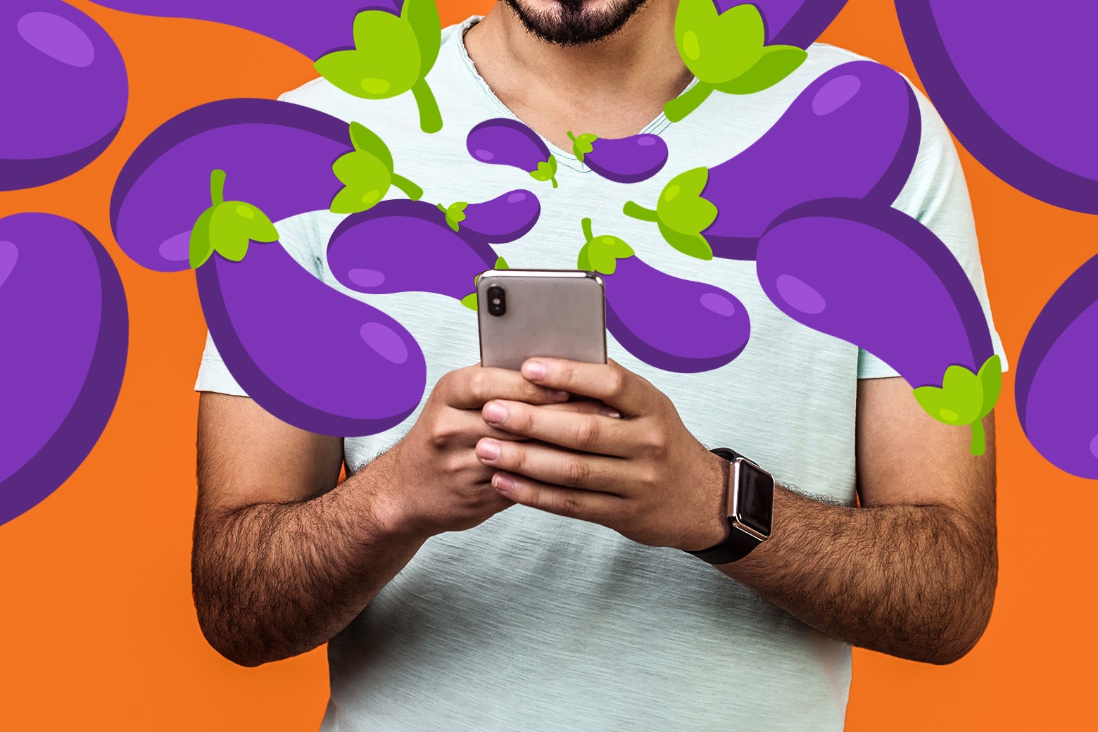 A man holding a smartphone with both hands is surrounded by eggplant emoji.