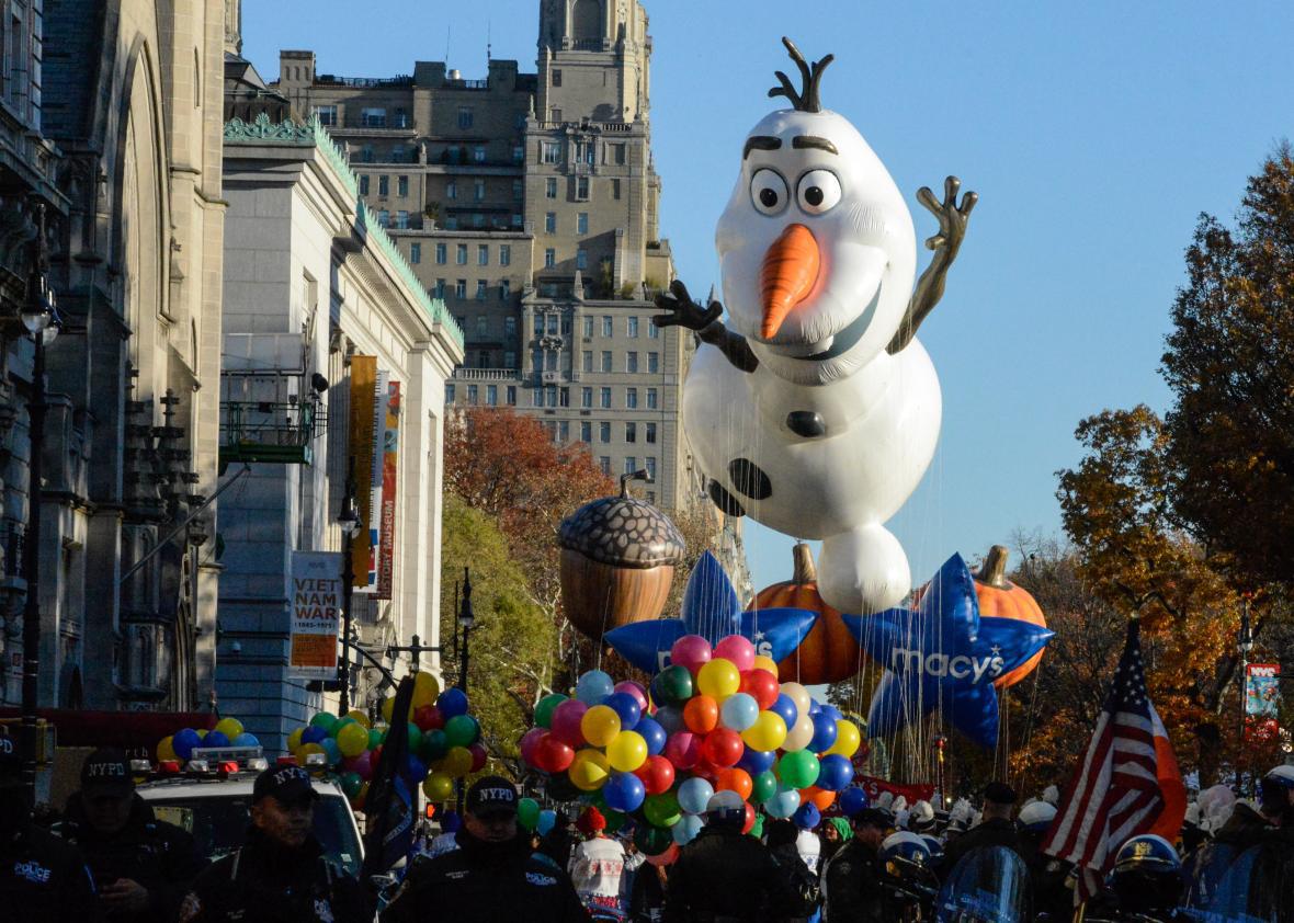An Olaf float in the Macy's parade