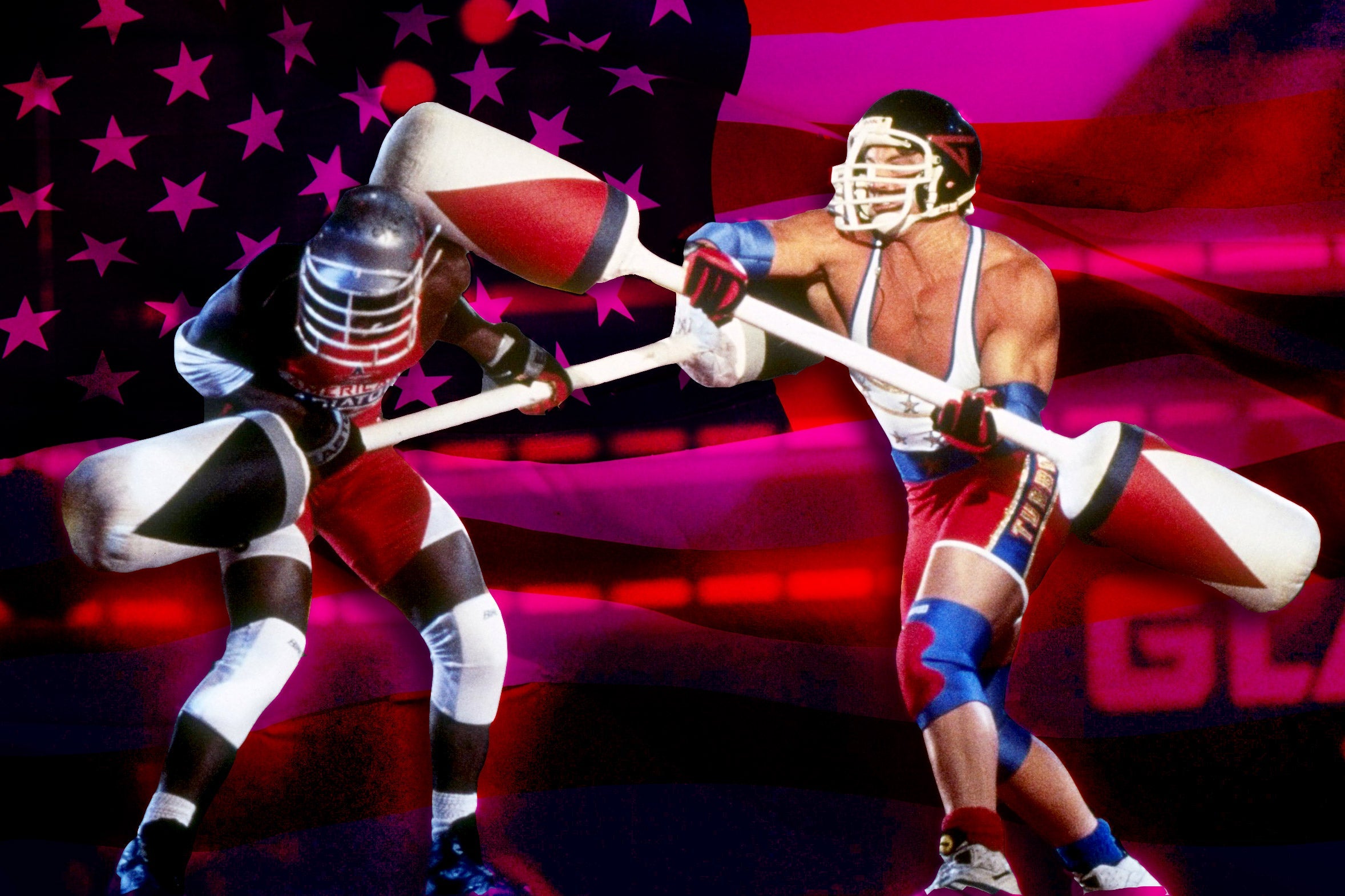 An American Gladiator fighting a contestant in the Joust competition.
