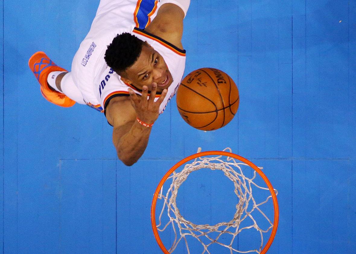Russell Westbrook of the Oklahoma City Thunder goes up against the Golden State Warriors in the first half in game three of the Western Conference Finals during the 2016 NBA Playoffs at Chesapeake Energy Arena on May 22, 2016 in Oklahoma City, Oklahoma. 