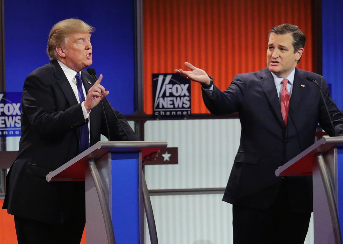 Republican presidential candidate Donald Trump and Sen. Ted Cruz participate in a debate sponsored by Fox News at the Fox Theatre on March 3, 2016 in Detroit, Michigan. 
