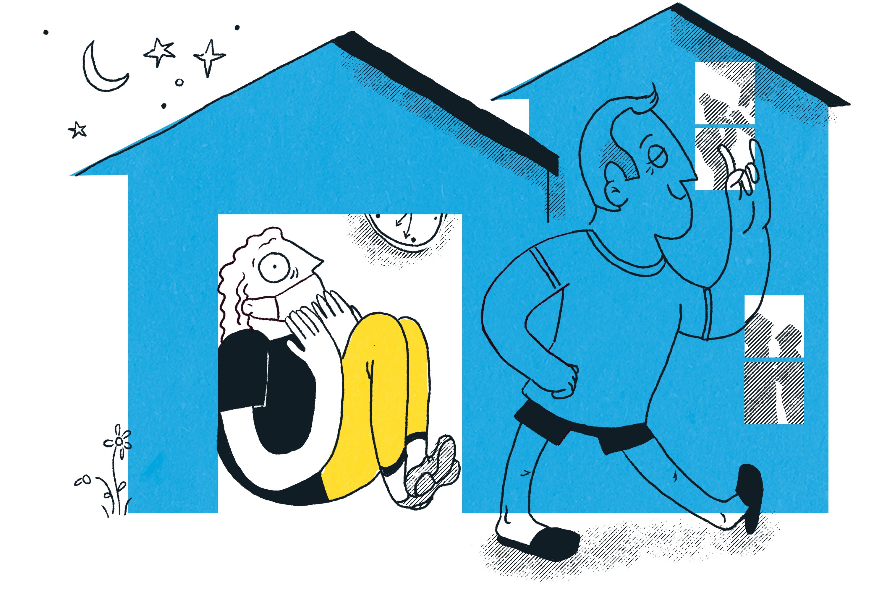 A woman cowers at home in a mask as a maskless man goes out.