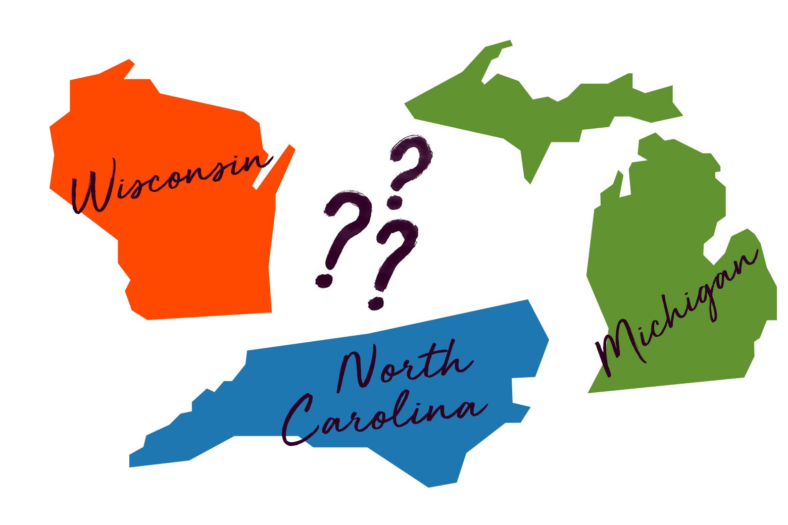 Illustration: Colorful images of Wisconsin, Michigan, and North Carolina with several question marks between them.