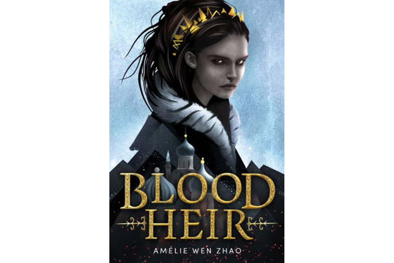 The cover of the book, Blood Heir, featuring an illustration of a dark-haired, light-skinned woman in a crown.