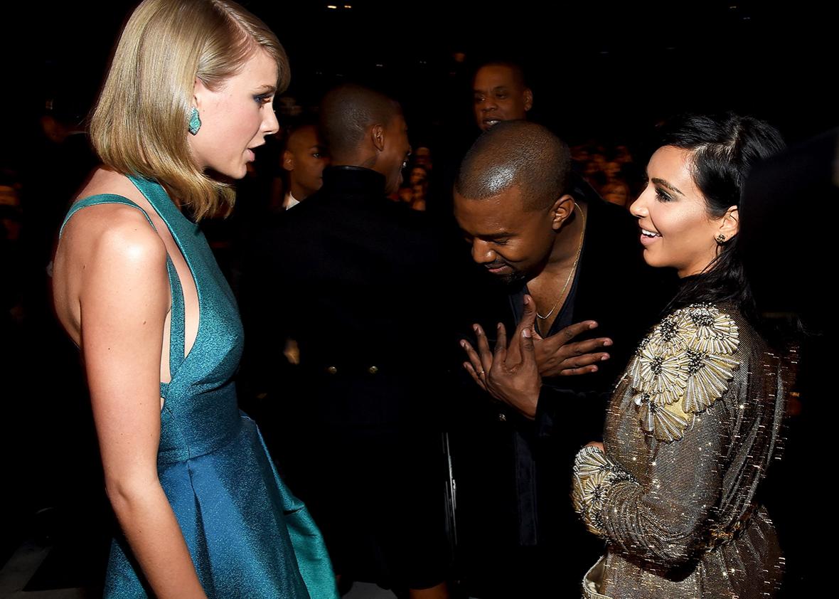 Recording Artists Taylor Swift, Kanye West and TV personality Kim Kardashian attend The 57th Annual GRAMMY Awards at the STAPLES Center on February 8, 2015 in Los Angeles, California. 