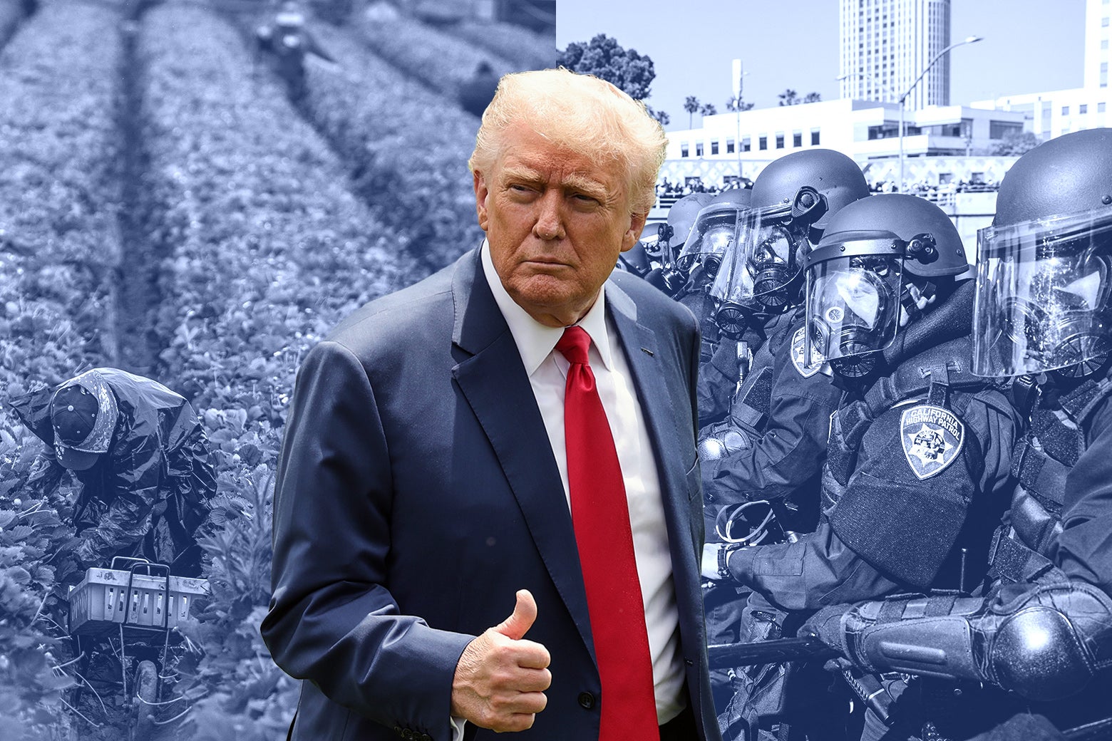 A photo illustration of Donald Trump with an agricultural worker on one side of the background and riot police in Los Angeles on the other side.