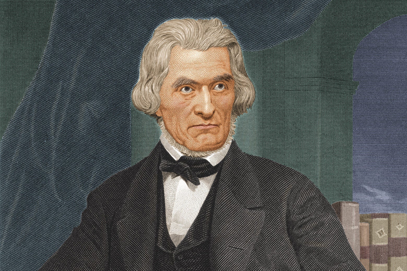 Painting of Calhoun looking stern in front of a curtain and a bookshelf