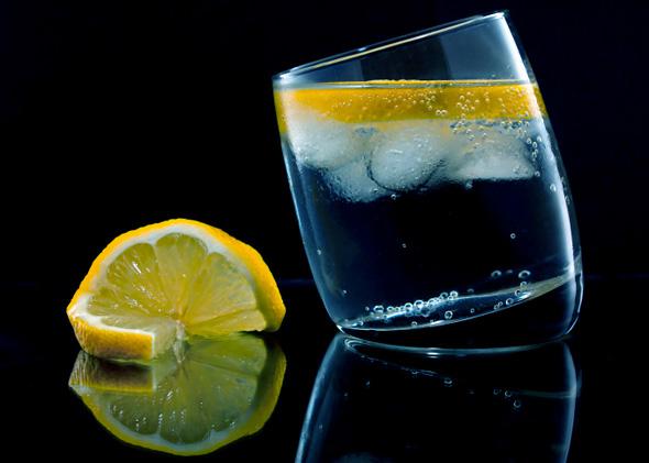 Gin and tonic with a slice of lemon.